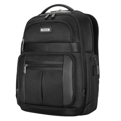 Black backpack with multiple pockets and zippers on a white background