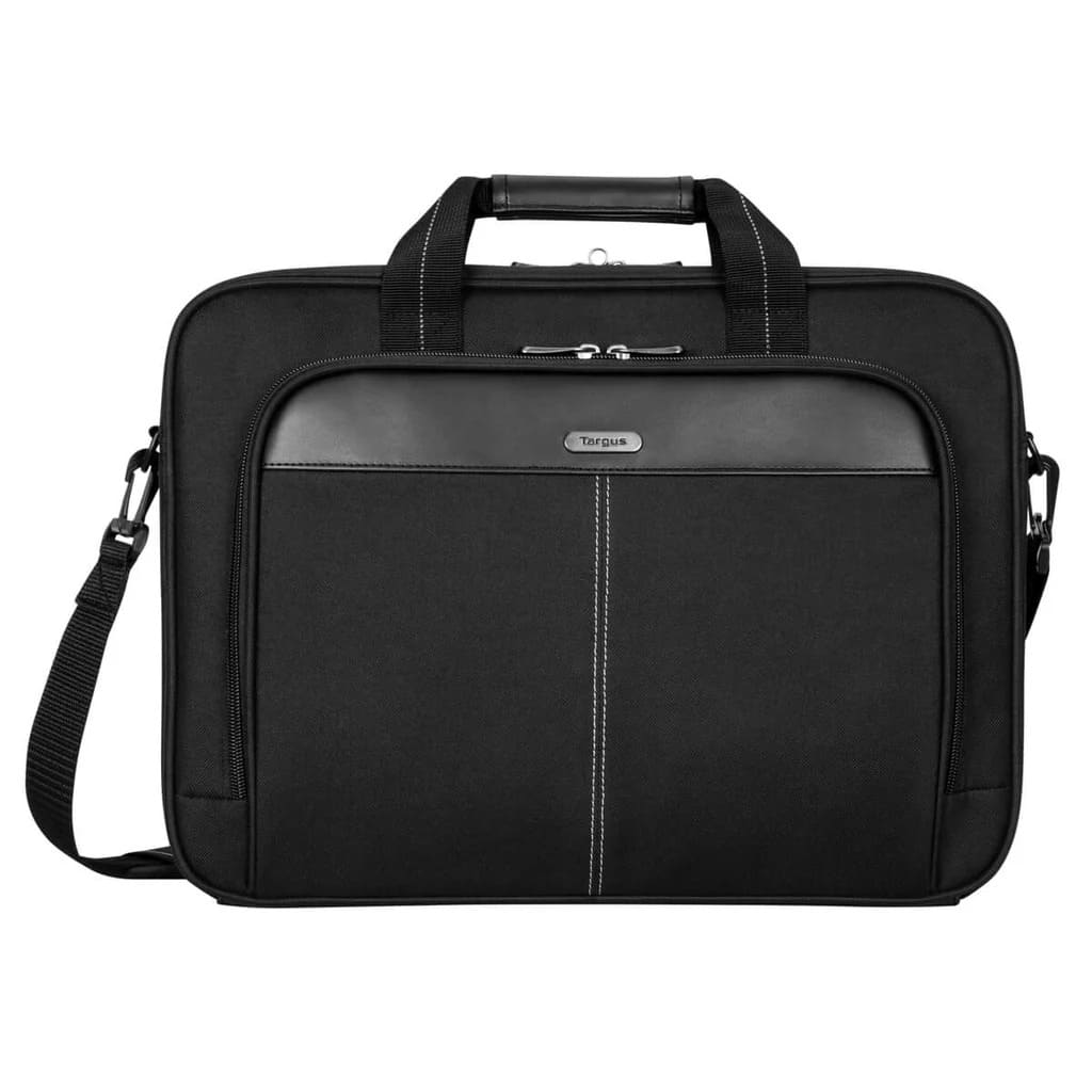 Black briefcase with shoulder strap on a white background