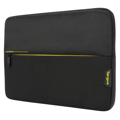 Black laptop sleeve with yellow zipper and Targus branding on a white background