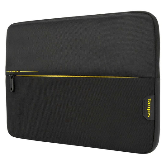 Black laptop sleeve with yellow zipper and Targus branding on a white background