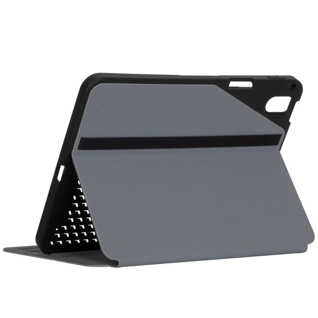 Gray tablet case with black accents on a white background