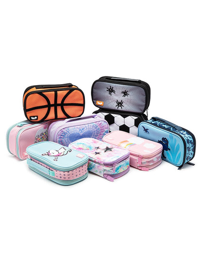 Collection of colorful pencil cases with various designs on a white background