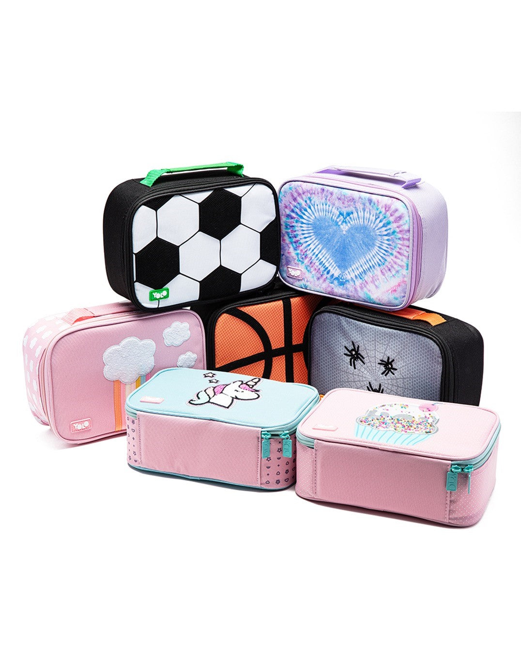 Collection of various themed lunch bags on a white background