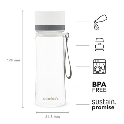 White water bottle with measurements and features on a white background