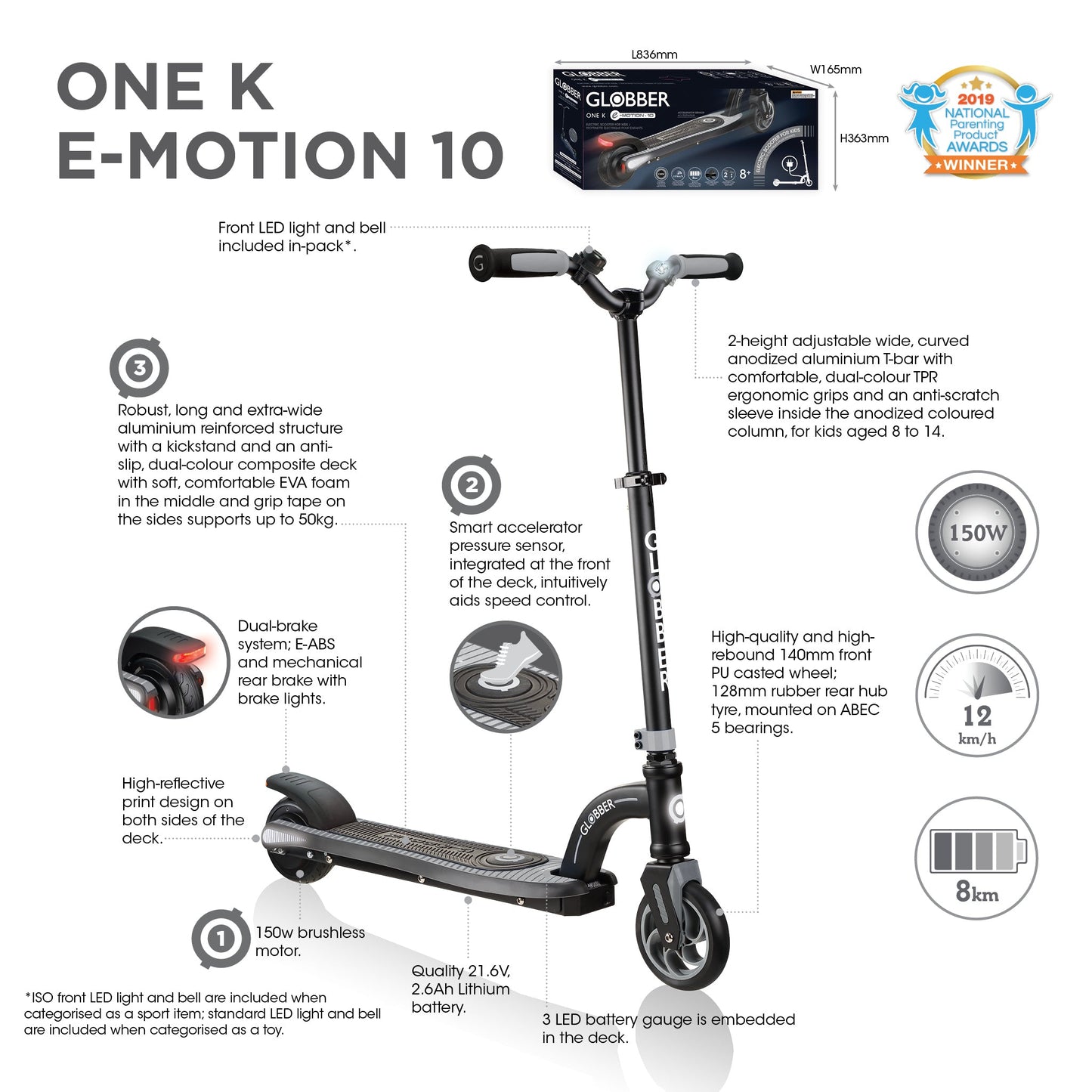 One K E-Motion 10 Electric Scooter: 2-Wheel Electric Scooter for Teens - Grey/Black